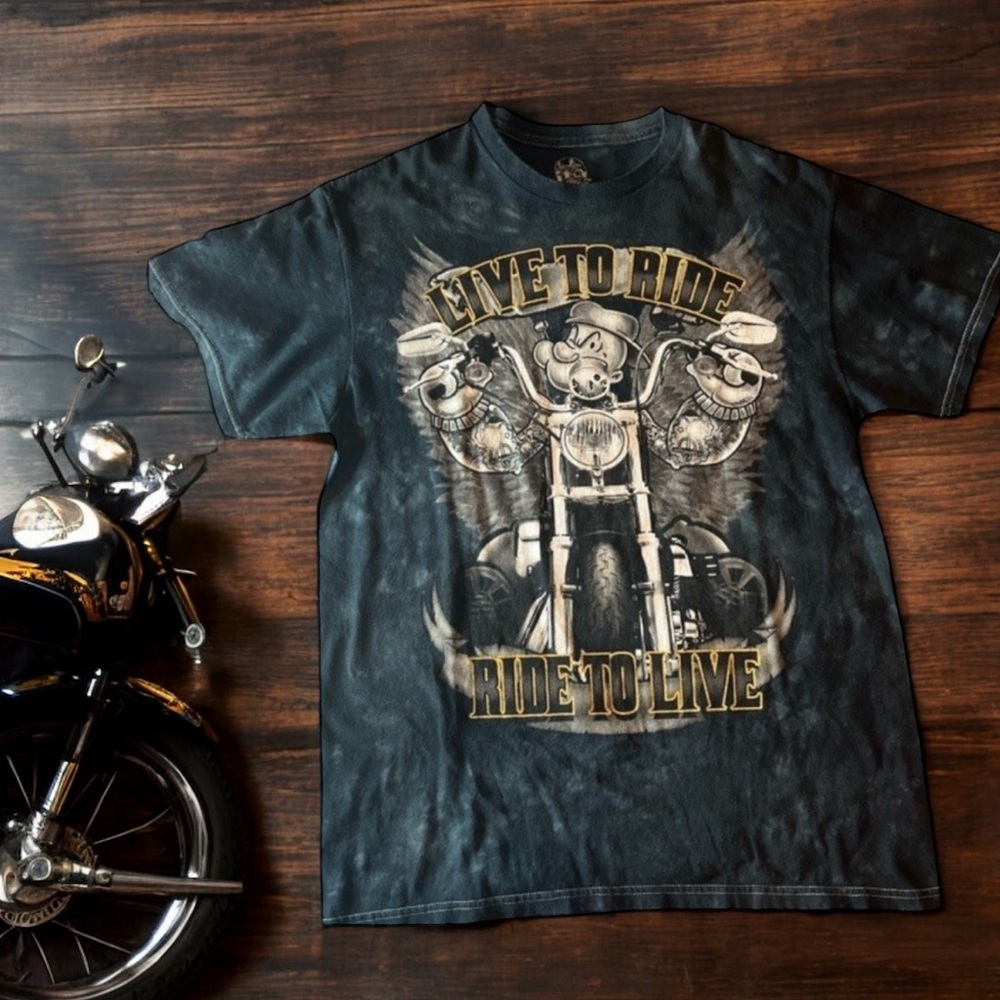 Vintage Popeye Biker T-Shirt Mad‎ Engine 2013 Live to Ride Ride to Live M
